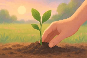 Un main déposant une petite plante verte dans la terre sombre, avec un soleil couchant et un champ verdoyant en arrière-plan. Reflétant l'illusion 'Dès que ça ira mieux'