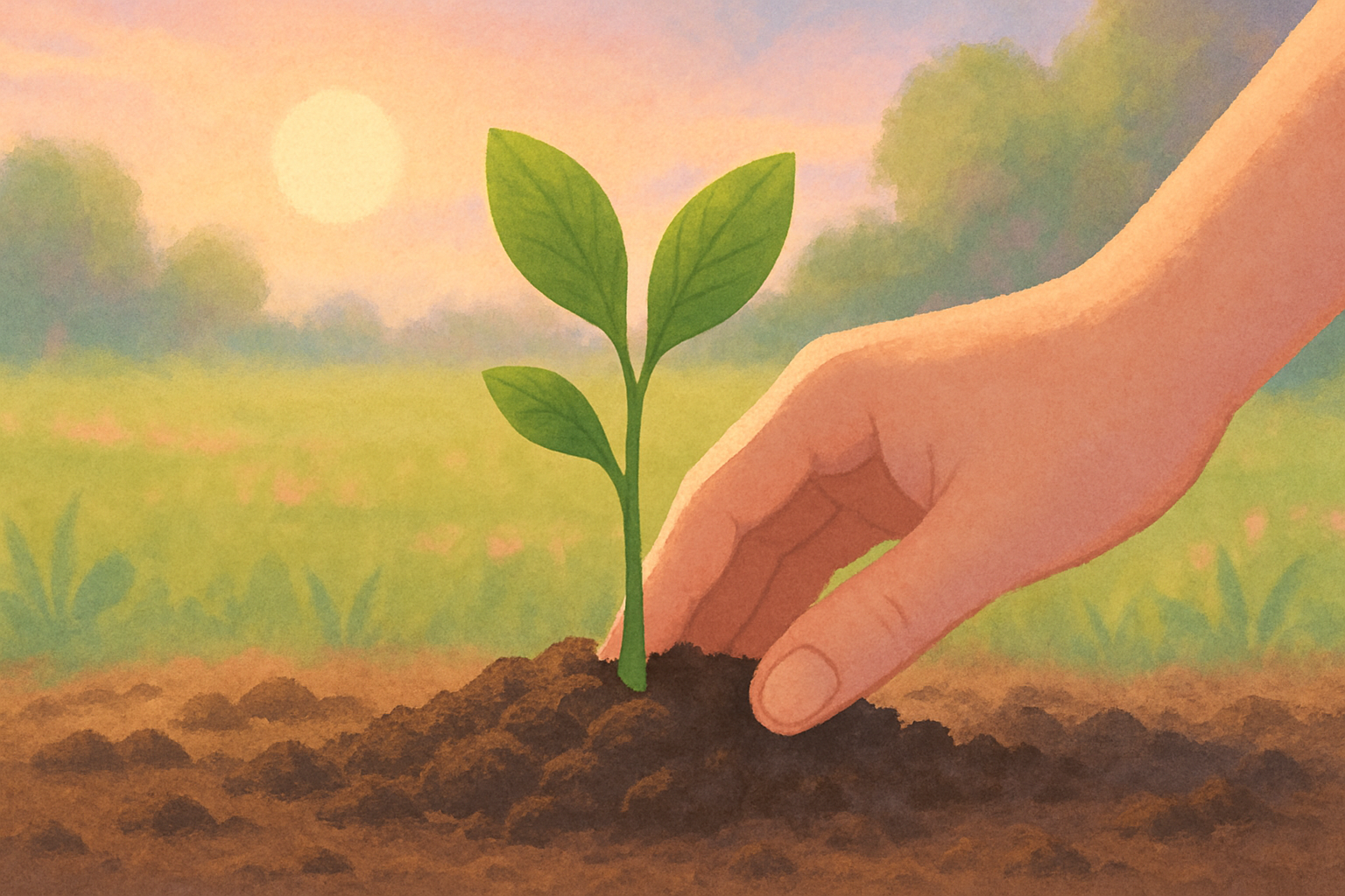 Un main déposant une petite plante verte dans la terre sombre, avec un soleil couchant et un champ verdoyant en arrière-plan. Reflétant l'illusion 'Dès que ça ira mieux'