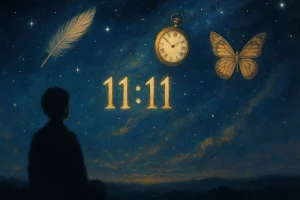 Personne contemplant un ciel étoilé où flottent des symboles de synchronicité comme le 11:11, une plume, un papillon et une montre à gousset dorée, dans une ambiance spirituelle et mystique.