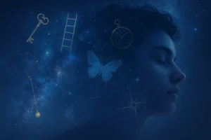 Profil d’une personne endormie fusionné avec un ciel étoilé et des symboles oniriques (clé, échelle, boussole, papillon), évoquant l’interprétation des rêves.