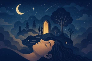 Illustration onirique représentant une femme endormie dont l’esprit s’ouvre sur un paysage céleste avec arbres, escaliers, silhouettes et une porte lumineuse sous un ciel étoilé.