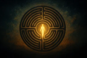 Illustration symbolique d’un labyrinthe ancien baigné de lumière dorée, évoquant le chemin intérieur, la quête spirituelle et la transformation de l’âme.