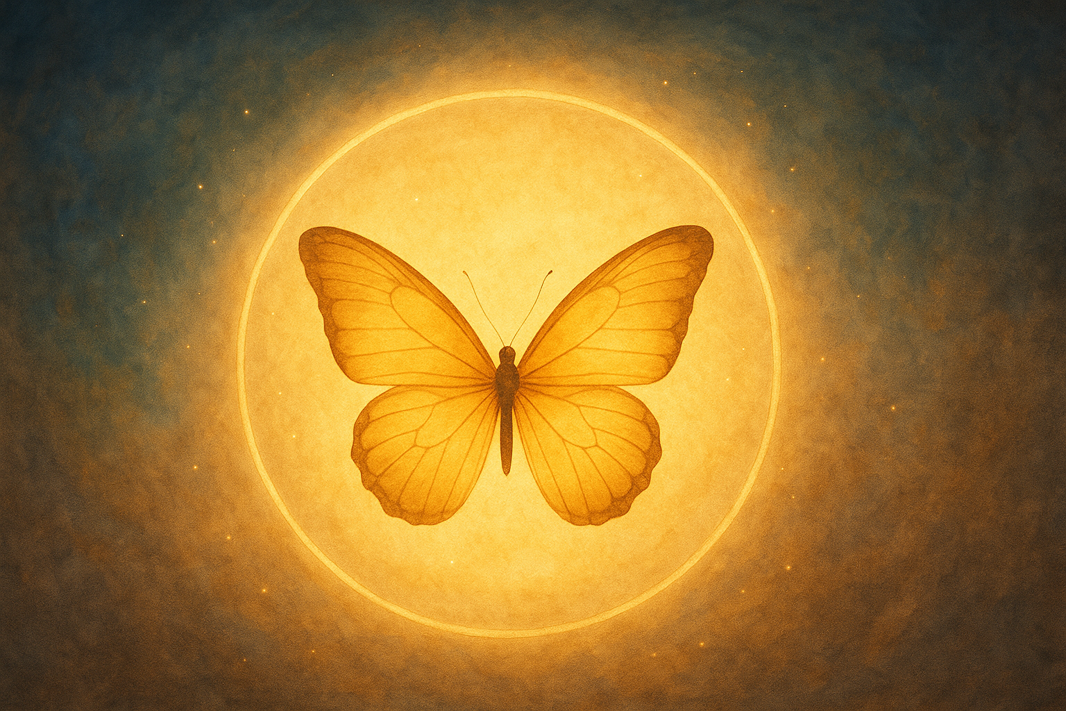 Illustration symbolique d’un papillon lumineux s’envolant dans un ciel crépusculaire, représentant la transformation, la renaissance et la légèreté spirituelle.