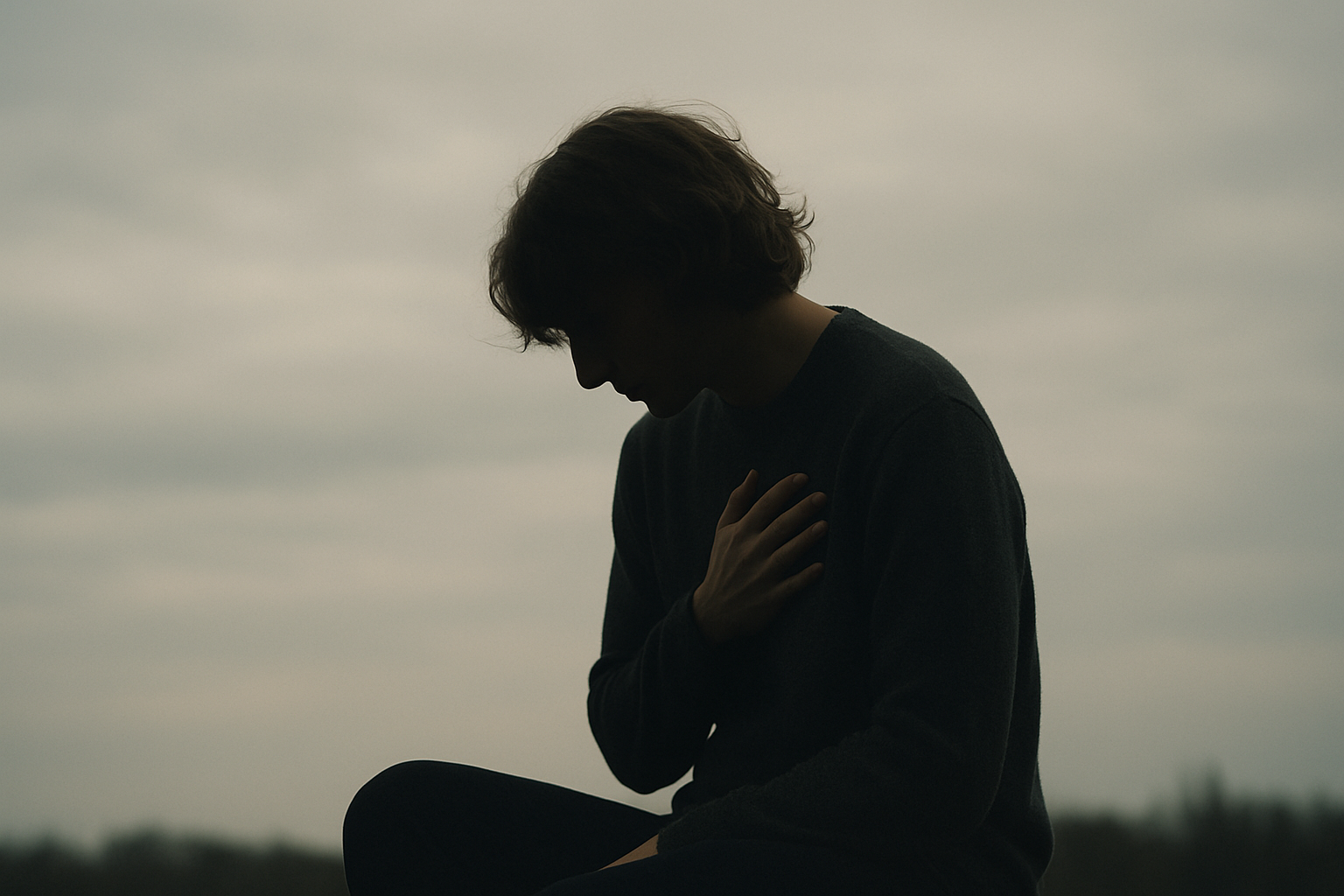 Personne assise en silence sous un ciel gris, la main posée sur le cœur, exprimant un moment d’introspection, de calme et de vulnérabilité lors de perte de motivation et de sens
