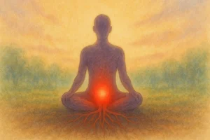 Silhouette en méditation vue de face, assise au sol, avec un halo rouge lumineux entre les pieds joints et des racines s’étendant dans la terre, dans une ambiance naturelle douce et vibrante représentant le Chakra Racine (Muladhara).
