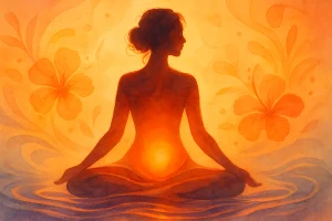 Silhouette féminine assise en méditation, éclairée d’un halo orange doux au niveau du bas-ventre, entourée de vagues d’eau et de fleurs d’hibiscus sur un fond chaleureux et fluide, représentant le Chakra sacré.