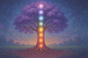 Arbre aux racines profondes et feuillage violet sous un ciel étoilé, avec sept sphères lumineuses alignées le long du tronc représentant le système des chakras.