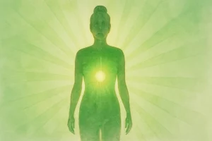 Silhouette féminine debout sur fond vert doux, avec une sphère lumineuse verte rayonnante au centre de la poitrine, diffusant une énergie paisible et ouverte, représentant le chakra du coeur.